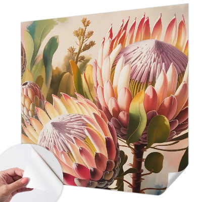 Foto behang voor de keuken met protea-bloemen als patroon