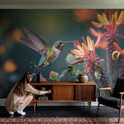 Zelfklevende behangsticker Kolibriebloemen