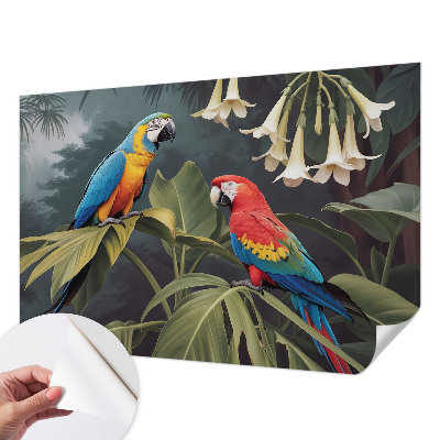 Fotobehang voor de kinderkamer met kleurrijke papegaaien