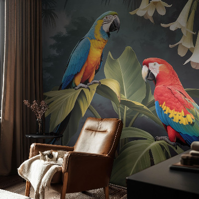 Fotobehang voor de kinderkamer met kleurrijke papegaaien