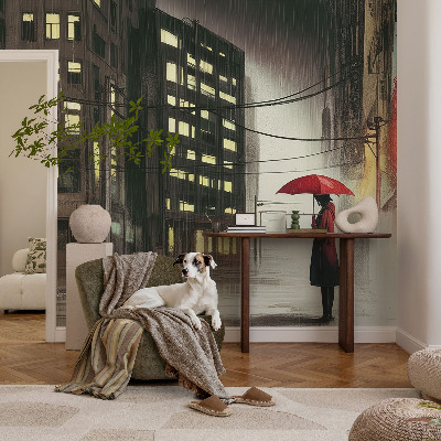 Fotobehang tienerkamer met een regenachtige stadsgezichtenprint
