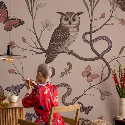 Fotobehang kinderkamer met een uilenmotief in een natuurlijke stijl
