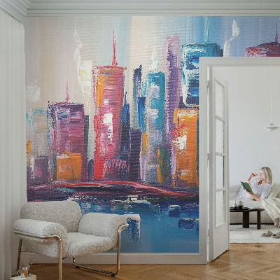 Foto behang voor de keuken met een kleurrijk stadsbeeld