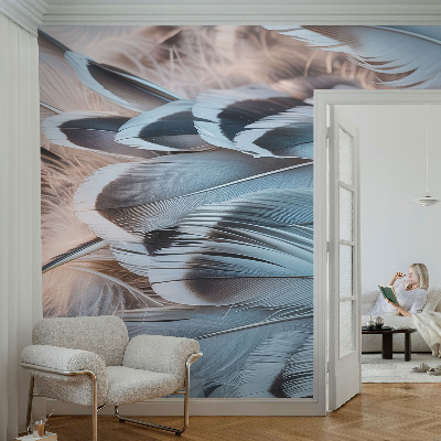 Foto behang voor de kinderkamer met een patroon van blauwe veren