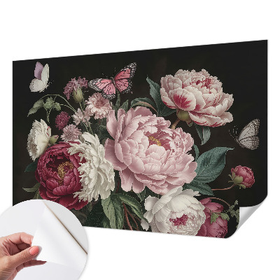 Foto behang voor de keuken met pioenrozen en vlinders