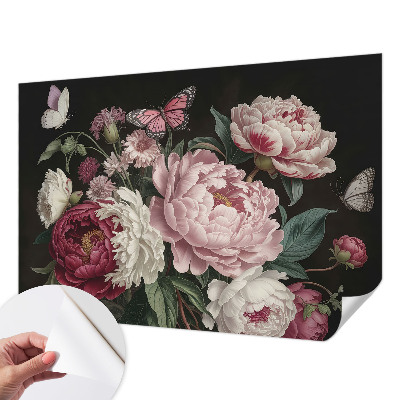 Foto behang voor de keuken met pioenrozen en vlinders