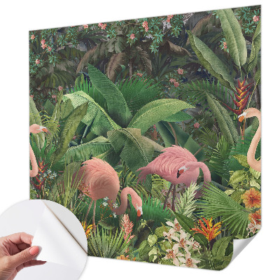 Zelfklevend fotobehang op maat met een patroon van roze flamingo's