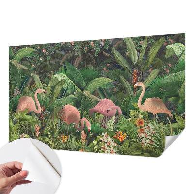 Zelfklevend fotobehang op maat met een patroon van roze flamingo's