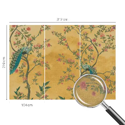 Fotobehang babykamer met een patroon van pauwen in bomen