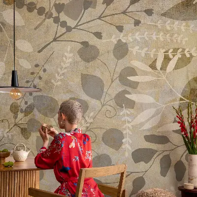 Fotobehang tienerkamer met een ontwerp van takbladeren
