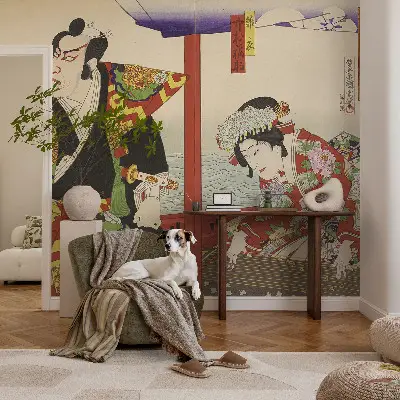 Fotobehang babykamer met een ontwerp geïnspireerd op het Japanse theater