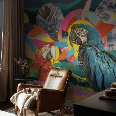Zelfklevende behangsticker met een motief van exotische vogels