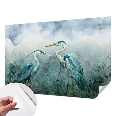 Foto behang voor de keuken met een patroon van vogels en natuurelementen