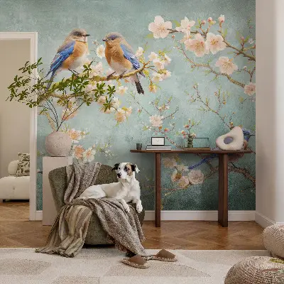 Fotobehang kinderkamer met lentevogels als patroon