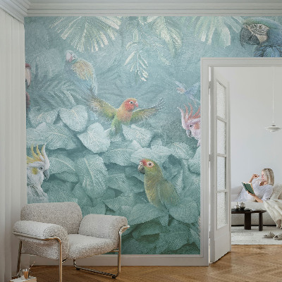 Fotobehang babykamer met een patroon van exotische vogels