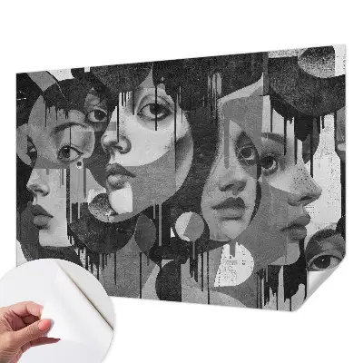 Foto behang voor de keuken met illustratieve vrouwengezichten als patroon