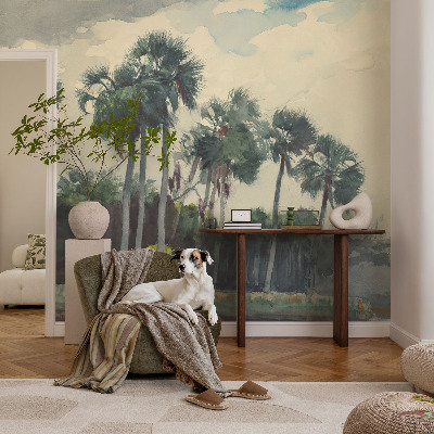 Zelfklevend fotobehang met exotische palmbomen als patroon