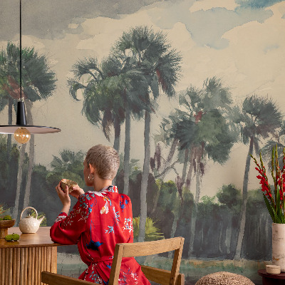 Zelfklevend fotobehang met exotische palmbomen als patroon
