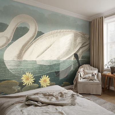 Zelfklevend fotobehang met afbeelding van een zwaan tussen waterlelies