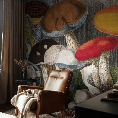 Fotobehang babykamer met een botanisch paddenstoelenmotief