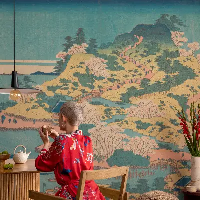 Zelfklevende behangsticker met een Japans landschap als motief