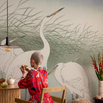 Fotobehang voor de kinderkamer met reigers in het gras