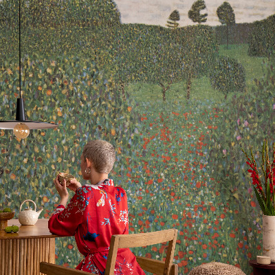 Foto behang voor de keuken met een bloemenweide als print