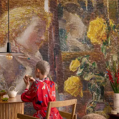 Fotobehang tienerkamer met een afbeelding van een vrouw omringd door rozen