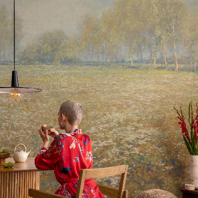 Zelfklevend fotobehang met een bloeiend veld als ontwerp