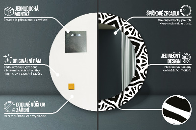 Ronde spiegel met bedrukte lijst Zwart geometrisch ornament