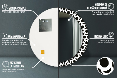 Ronde spiegel met bedrukte lijst Zwart geometrisch ornament