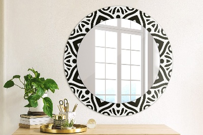 Ronde spiegel met bedrukte lijst Zwart geometrisch ornament