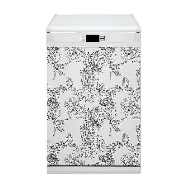 Magnetische Vaatwasser Deur Cover Zwart -witte bloemen