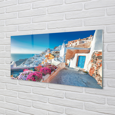 Foto op plexiglas Griekenland gebouwen zee bloemen