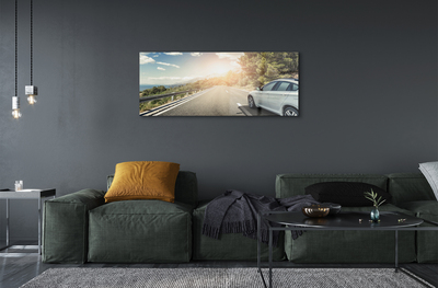 Plexiglas schilderij Bergen wolken auto-wegbomen