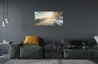 Plexiglas schilderij Bergen wolken auto-wegbomen