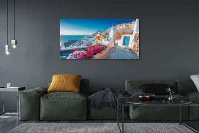 Foto op canvas Griekenland gebouwen zee bloemen