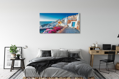 Foto op canvas Griekenland gebouwen zee bloemen