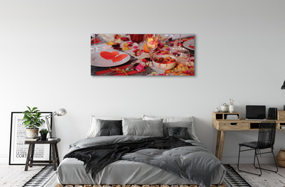 Schilderijen op canvas doek Harten bloemblaadjes van rozen diner glazen