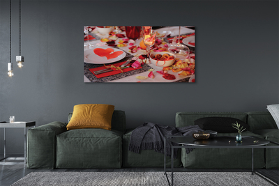Schilderijen op canvas doek Harten bloemblaadjes van rozen diner glazen