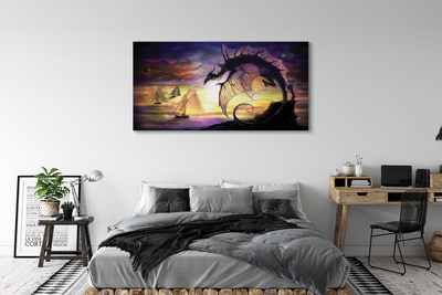 Schilderij canvas Dragon sea ships wolken