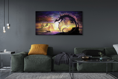 Schilderij canvas Dragon sea ships wolken