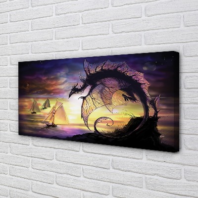 Schilderij canvas Dragon sea ships wolken