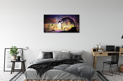 Schilderij canvas Dragon sea ships wolken