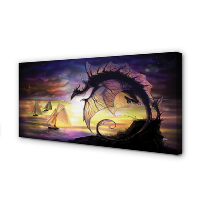 Schilderij canvas Dragon sea ships wolken