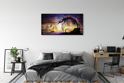 Schilderij canvas Dragon sea ships wolken