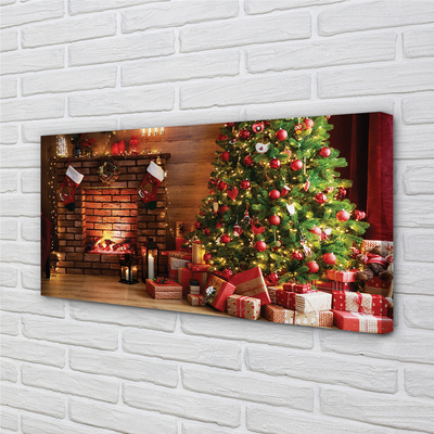 Schilderij op canvas Open haard kerstboom geschenken lampen