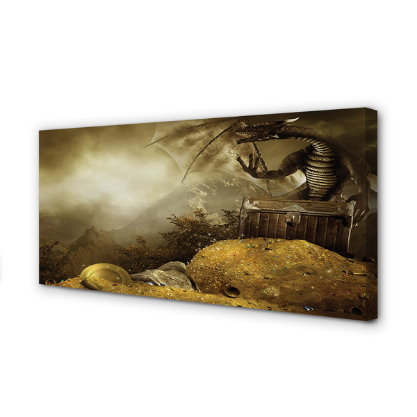 Schilderij canvas Dragon mountains gold clouds