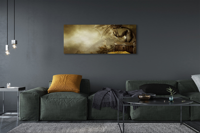 Schilderij canvas Dragon mountains gold clouds