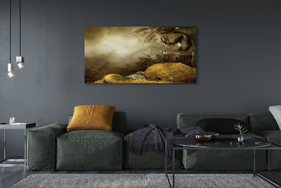 Schilderij canvas Dragon mountains gold clouds